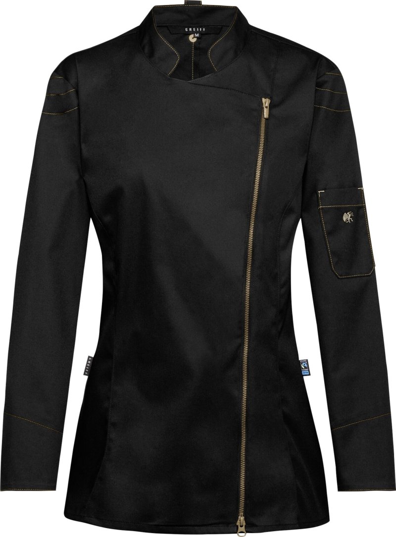 Kochjacke Damen, Kontrast-RV gold-bronze , langarm, schwarz Gr. S (1)